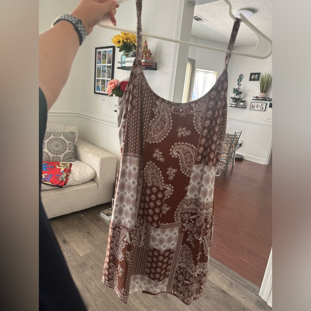 paisley print dress with a brown and cream colour scheme